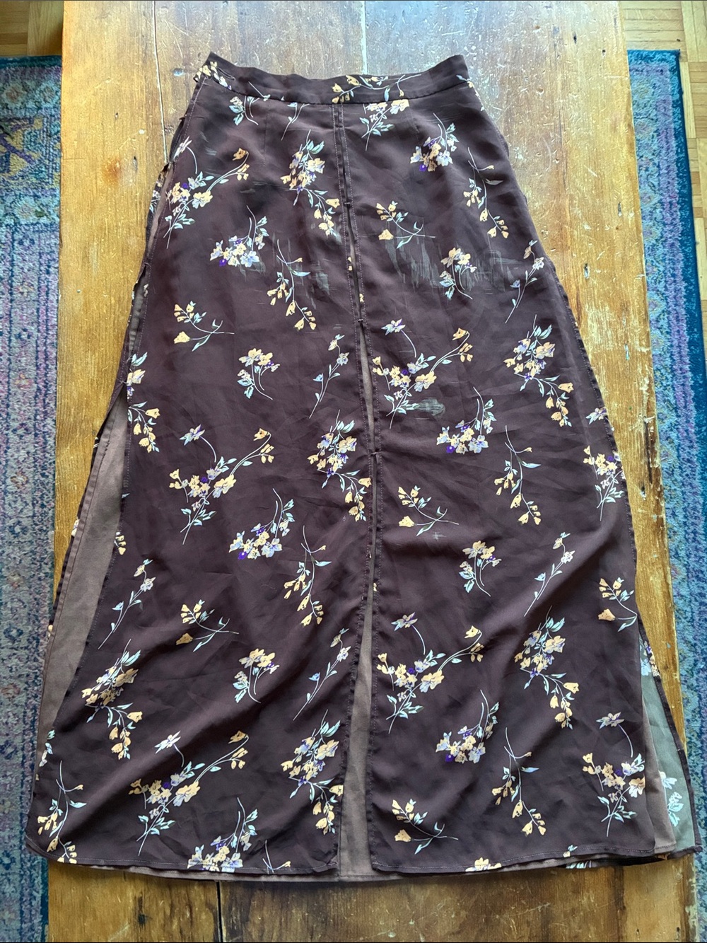 Y2K Brown Floral Maxi Skirt Layered Panel Slit Flowy Boho - size XS